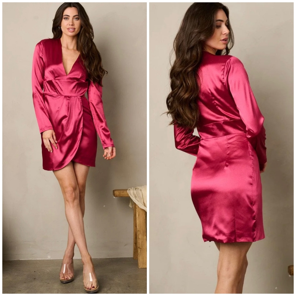 On Twelfth Magenta Satin Long Sleeves Short Dress